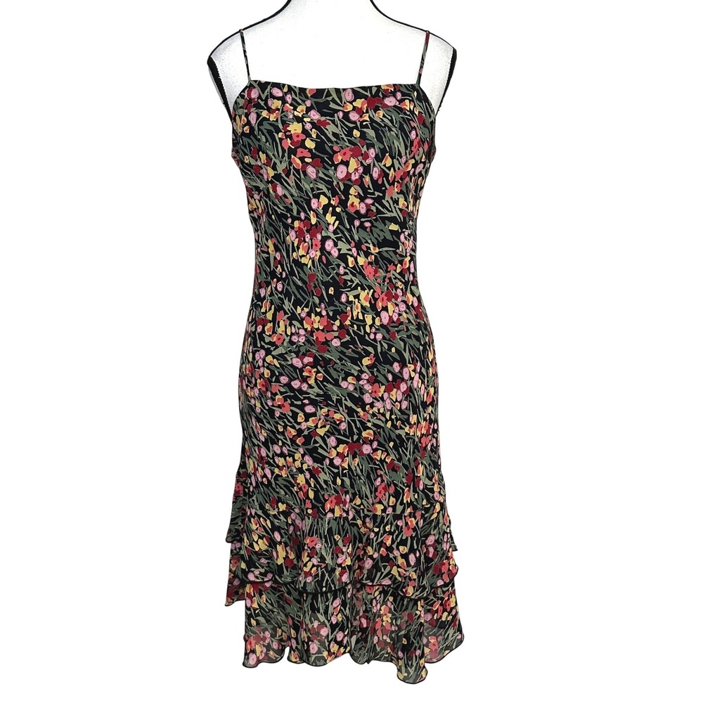 Lily Floral Slip‎ Dress Women M Black Tiered Ruffle Midi Y2K Whimsigoth Grunge